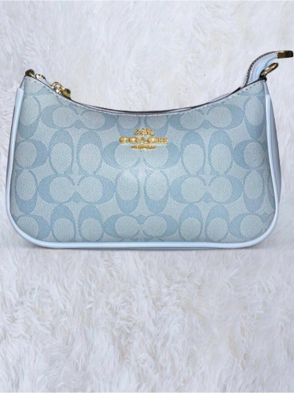 Coach Light Blue Signature Jacquard Shoulder Hobo with Gold Hardware